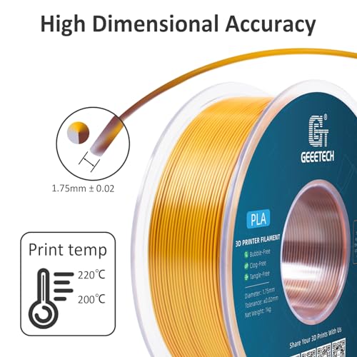 Image of Geeetech 3D Printer Silk PLA Tri-Color Filament, Metal-Like Shiny Silk Filament 1.75mm 1kg (2.2lbs) Spool, Dimensional Accuracy + /- 0.02 mm, Tri-Color Gold Silver Copper