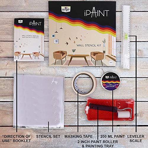 Image of Berger iPaint DIY Wall Moony Stencil Painting Kit (2 inch Foam Roller, Painting Tray, 200 ml Silk Glamor Paint Boxy Brown, Stencil Set, Masking Tape, Leveller Scale, DOU Booklet), Multicolor (F0001O0991001000)