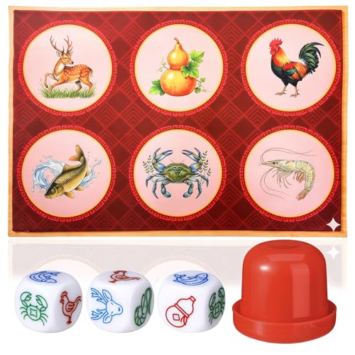 pldnhzua BAU Cua Ca Cop Dice Game Set Vietnamese Lunar New Year Party Game with 15.7 x 23.6 in NonSlip Mat Dice Shaker Cup & 3 Dice (Fish Shrimp Crab Rooster Gourd Deer)