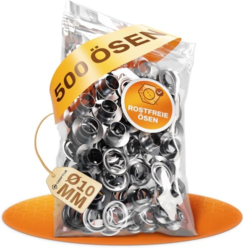 CRAFTUS® Edelstahl Ösen Set 100% Rostfrei – 500 Stück [Innen-Ø 10mm] – Passend Ösenzangen – Ösen für Planen, Banner, Vorhänge UVM. – Planenösen aus Edelstahl