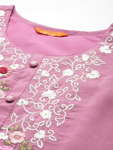 Image of INDO ERA Women's Embroidered Silk Blend Calf Length Straight Kurta Trousers With Dupatta Set