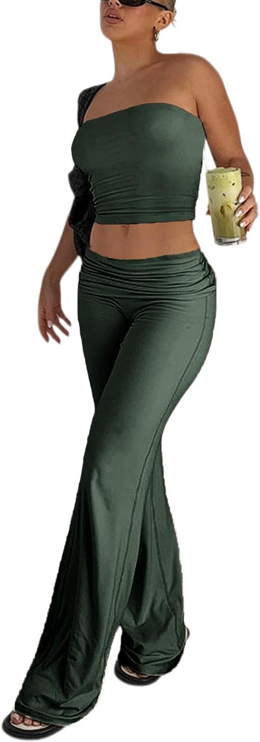 LICOBOD Sexy lounge wear 2 Piece Outfits for Women Crop tube Top High Waist Foldover Flare Pants Sets Beach Vacation Trave - Image 2
