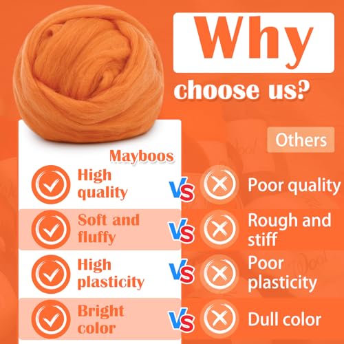 Image of Mayboos 1.76oz Orange Natural Wool Roving, Needle Felting Wool | Wool for Needle Felting Orange Color for Wet /Dry Felting Handcrafts and Spinning