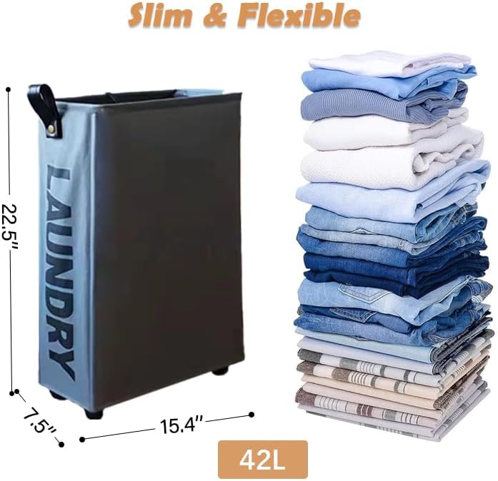 Miniatura 3 de NAUPITY - Cesta de lavandería delgada con ruedas de 24.4 pulgadas, plegable e impermeable, cesta de ropa independiente con asas de fácil transporte