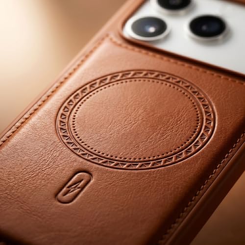 Image of amazon basics Premium PU Leather Case for iPhone 17 Pro, MagSafe Compatible Magnetic Ring, Sleek Protective Back Cover - [Tan]