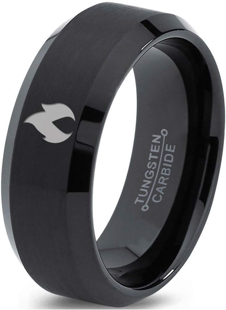 Hot Fire Flame Emblem Ring - Tungsten Band 8mm - Men - Women - 18k Rose Gold Step Bevel Edge - Yellow - Grey - Blue - Black - Brushed - Polished - Wedding - Gift Dome Flat