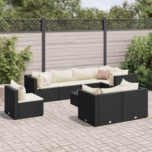 Holamys Juego de muebles modulares de jardín de 9 piezas, ratán sintético negro, con cojines blancos cremosos, resistentes a los rayos UV, para terraza y balcón
