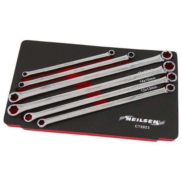 Neilsen CT5923 6pc Extra Long Ring Spanner Set – Chrome Vanadium – Sizes 8-19mm with Extractor Ends – Foam Tray for Tool Box