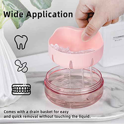 Leak Proof Denture Cup Kit Portable Retainer Case Perfect For Travel, Denture Case Container Cleaning Care For Dentures Aligner Mouth Guard With Denture Brush, Strainer, And Mirror（Pink） #TOP3