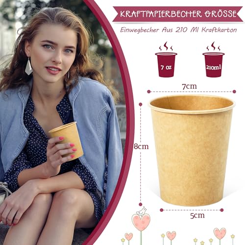 Foto von SOMLAW 300 Stück Kaffeebecher Pappbecher 210 ml / 7 oz, Einweg Coffee Becher, Trinkbecher für Tee, Trinkbecher Pappe, für Heiß- und Kaltgetränke, Pappbecher Braun
