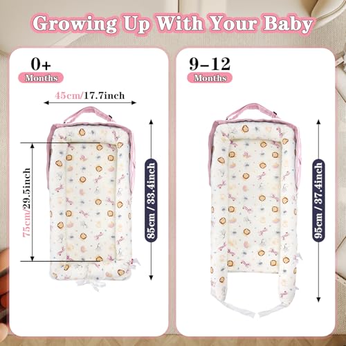Image of Baby Lounger for Newborn-Portable Baby Lounger 0-24 Months for Home and Travel,Newborn Loungers with Strap, Baby Nest Lounger Adjustable Size,Animal World Pink