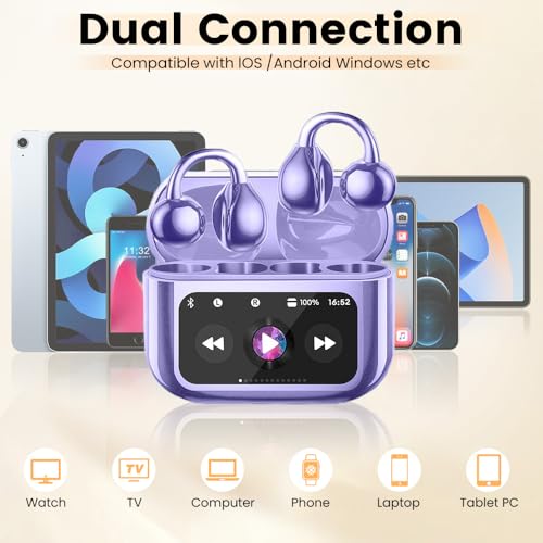 Image of Clip On Ear Headphones, Open Ear Earbuds Wireless Bluetooth 5.4, Clip On Earbuds with LCD Touchscreen, Lightweight Comfort Open Ear Headphones for Pad Tablet Laptop Android /iOS Phones (Purple)
