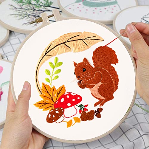 Image of Louise Maelys 3 Set Animal Embroidery Kits for Beginners with Autumn Squirrel Hedgehog Fox Pattern,Adults Starter Cross Stitch Kit DIY Needlepoint