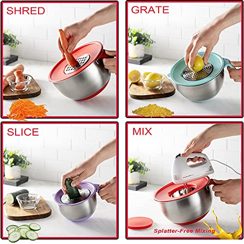 Stainless Steel Mixing Bowls (Set Of 3) - Long Handle, Pour Spout, Non Slip Colorful Silicone Bottom With Lids, 3 Graters, & Measurement Marks, Ideal For Cooking, Baking & Serving, Food & Salad Prep. #TOP3