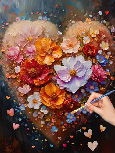 Flower Paint by Numbers for Adults, DIY Paint by Numbers Heart, Painting by Number for Adults Beginners, Canvas Kits with Brushe
