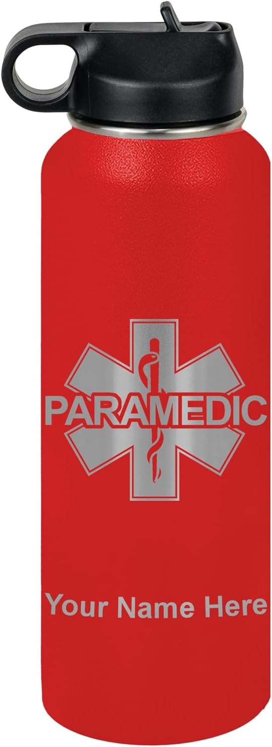 LaserGram Personalized Water Bottle, Paramedic, Stainless Steel Double Wall Vacuum Insulated with Flip Top Straw, Custom Engraved Gift (40oz / 1180ml Red)