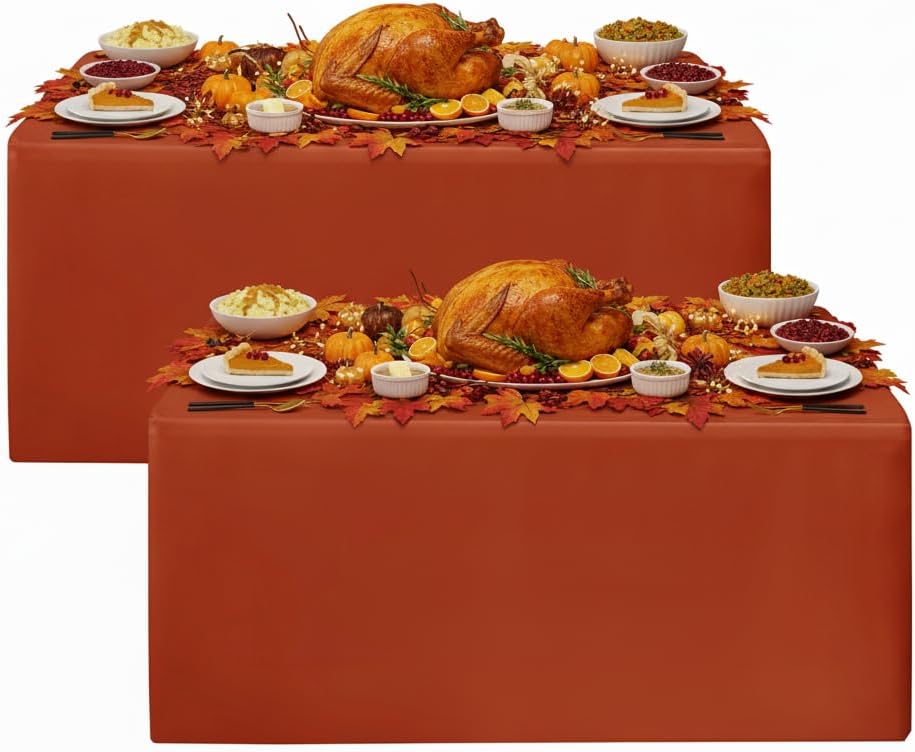 HolidayIdeas 2 Pack Fitted Thanksgiving Tablecloth for 6ft Tables, Rust Table Cover for Holiday Dinner & Buffet, Wrinkle-Resistant Fall Party Decorations for The Home Rust 6FT|2 Pack