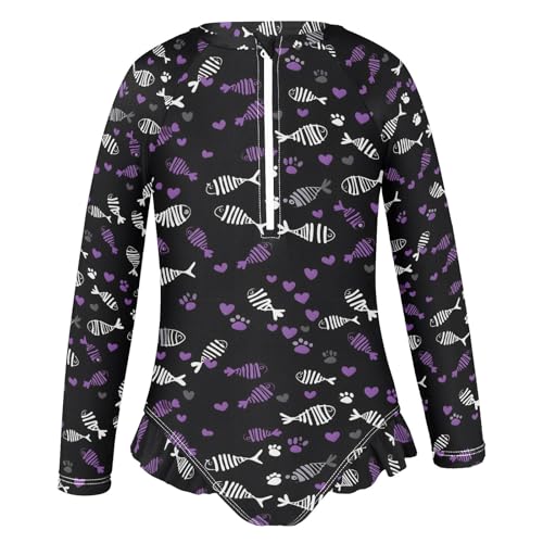 White Purple Fish Bone Pattern Girls Long Sleeve Swimsuit Rash Guard One Piece Bathing Suits Zipper 3-12T2
