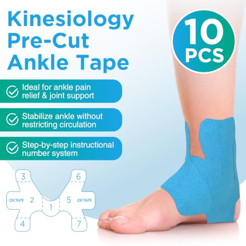 Image of OK TAPE Precut Kinesiology Ankle Tape, 10 Pcs, Pain Relief, Prevent Ankle Sprain, Provide Support for Ankle Ligament, Elastic Athletic Tape, Breathable Cotton, Daily Use - Blue