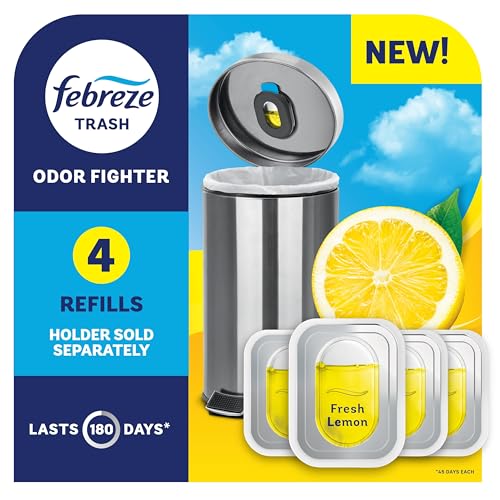 Febreze Trash Odor Fighter, Trash Can Air Freshener, Stick-On Deodorizer for Garbage Cans, Diaper Pails, Works with Scented Trash Bags, Fresh Lemon Scent, 4 Refills (Holder Sold Separately)