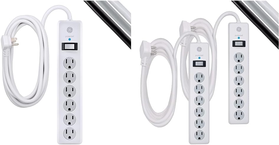 GE 6-Outlet Surge Protector, 20 Ft Extension Cord, Power Strip, 800 Joules, Flat Plug & 6-Outlet Surge Protector, 2 Pack, 10 Ft Extension Cord, Power Strip, 800 Joules, Flat Plug, Twist-to-Close