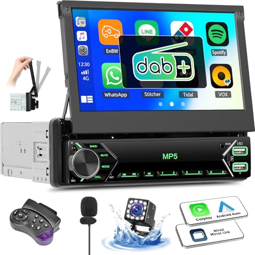 OiLiehu DAB+ Autoradio 1 Din Carplay Android Auto 7' IPS Manuell Einziehbarer Bildschirm Autoradio MP5 Multimedia Player mit Mirror Link Bluetooth FM/DAB Radio SWC AUX EQ USB Type-C+ Rückfahrkamera