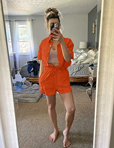 Image of SeekMe Linen Short Sets for Women Short Sleeve Top Shorts 2 Piece Summer Beach Vacation Outfits Lounge Tracksuits