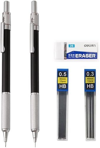 MROOFUL Juego de lápices automáticos de dibujo artístico 0.3, 0.5, 0.7, 0.035 in Lápiz mecánico de metal con gomas en el extremo HB Recarga plomo