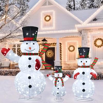 Lighted Snowman Family Outdoor Christmas Decoration, Set of 3 Collapsible Snowman Yard Lights, 270 LED White Pre-lit Snowman Lights for Indoor Outdoor Garden, Lawn, Patio Xmas Decor