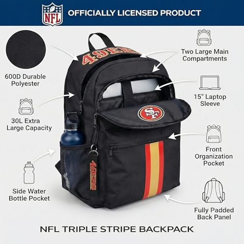 Image of NFL San Francisco 49ers Backpack - Triple Stripe Wordmark Design with Keychain