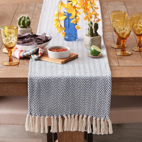 Image of THE HOME TALK Premium Cotton Chevron 4-6 Seater Table Runner - 14x72 Inches - Royal Blue|Elegant Dining|Handcrafted Quality|Stylish Console Decor for Dining Table, Parties, Events