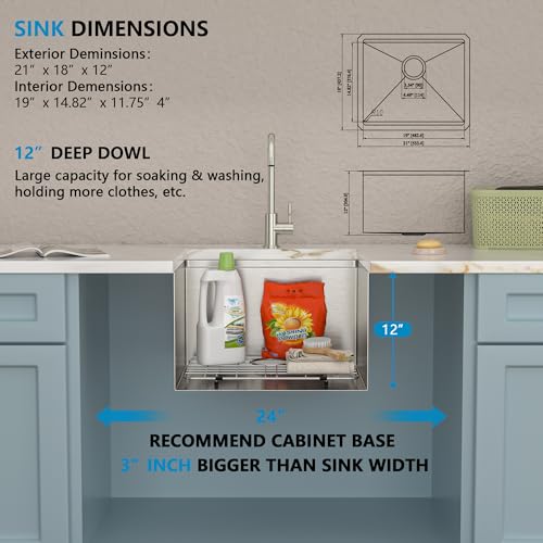 Image of 21 inchx18 inch Undermount Laundry Utility Sink Workstation - 16 Gauge T304 Stainless Steel, 12 Inch Deep Single Bowl Under Counter Basin for Laundry Room, RV or Utility Use
