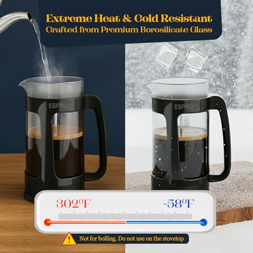 Image of ESPRO Light P3 French Press Coffee Maker - Patented Double Micro-Filter for Grit-Free Brew, Heat Resistant thicker Borosilicate Glass Coffee press - (Black, 32 oz)