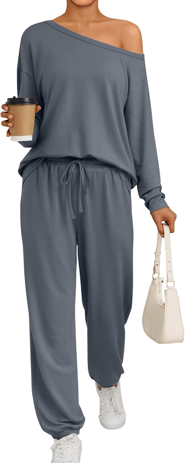 AUTOMET Womens Lounge Sets 2 Piece Matching Pajamas Travel Airport Fall Outfits Cute Pjs Off Shoulder Tops Loungewear