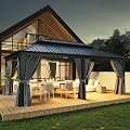 Aoxun 12' X 20' Hardtop Gazebo, Galvanized Steel Double Top, Metal Gazebo with Curtains and Netting, Permanent Canopy Pavilion for Wedding, Party, Outdoor Dining