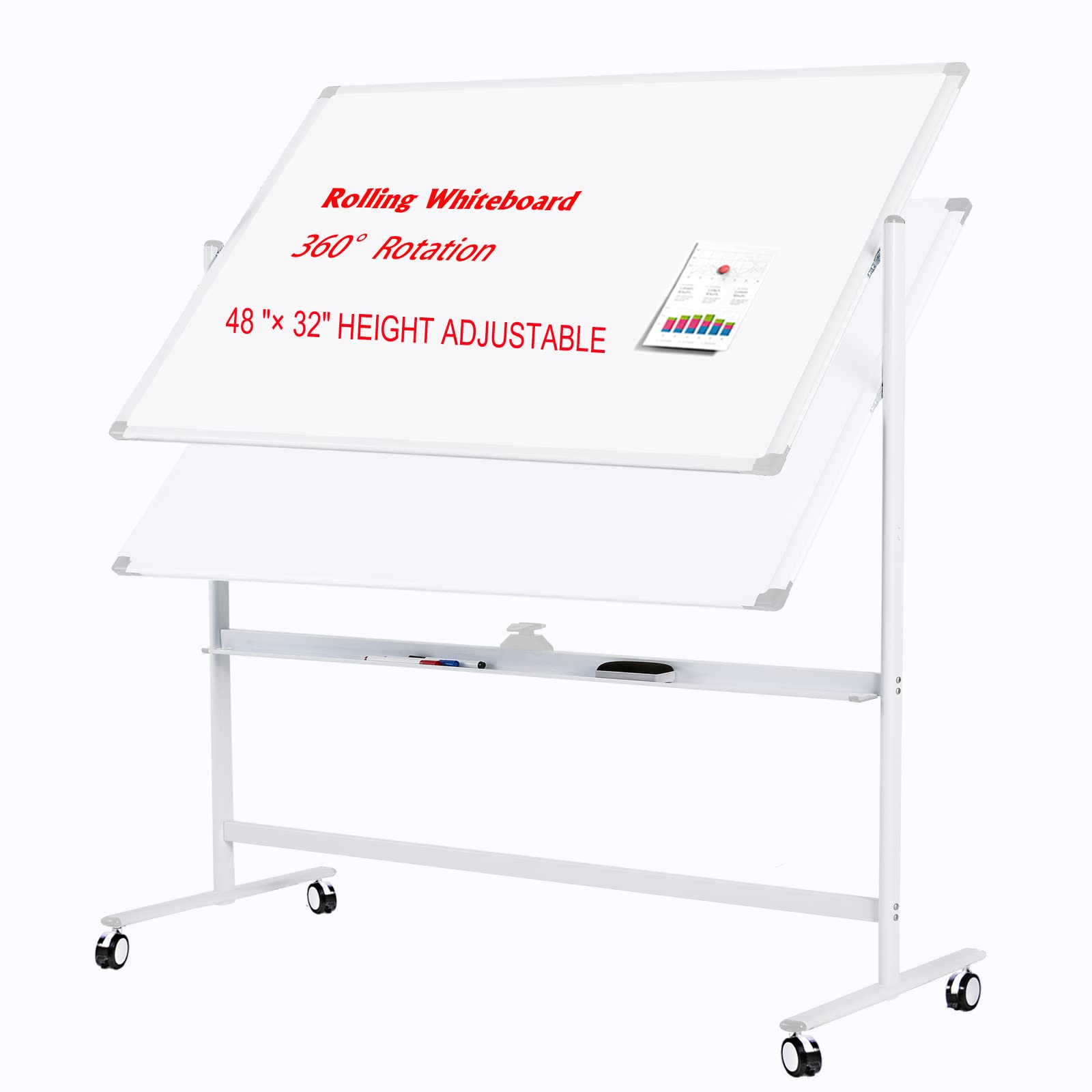 Photo 1 of Large Mobile Dry Erase Board WhiteBoard, 48×32 inches Height Adjust Double Sided WhiteBoard, Rolling Stand with Aluminum Frame for Home Office Classroom 32×48inches White