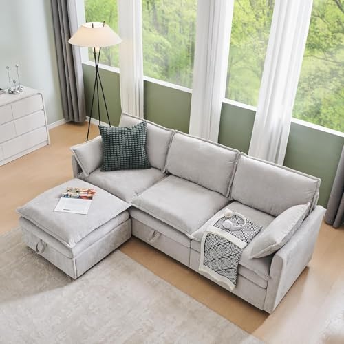 Image of 85.83 inch Cloud Couch Sectional with Storage Ottoman, Sectional Couches for Living Room, U-Shape Modular Sectional Sofa with 5 Seater Chenille Sofa and Pillow for Apartment, Bedroom,Light Grey