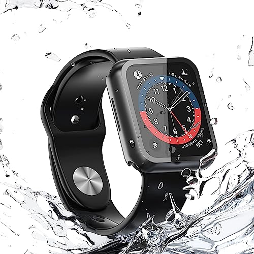 Image of Misxi [2 Pack] Waterproof Case with Button for Apple Watch SE 3 (2025) SE 2 SE Series 6 Series 5 Series 4 40mm, PC Cover with Tempered Glass Screen Protector for iWatch, 1 Black + 1 Transparent