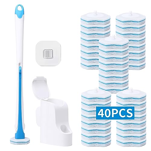 Image of Disposable Toilet Brush with 40PCS Refills, Wall Mounted Compact Bathroom Bowl Wand Cleaning System Long Handle with Storage Caddy