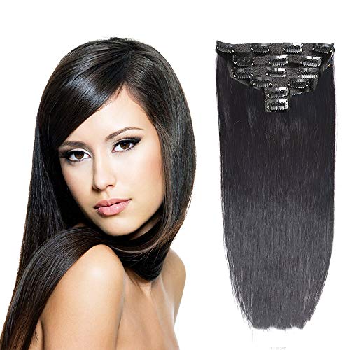 HEBE 20" Real Clip in Hair Extensions Remy Human Hair Double Weft Thick to Ends Natural Black(#1B) 6pieces 75Grams
