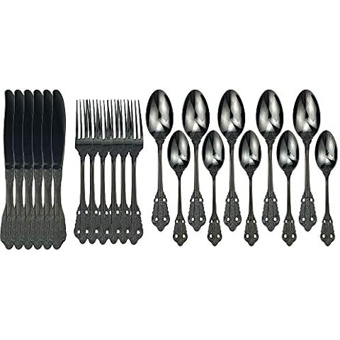 JASHII Retro Palace Coffee Spoon Flatware Unique Stainless Steel flatware for 6 Shiny Cutlery Tableware set for Kitchen Dining Bar Dishwasher Safe (Shiny Black) Cover
