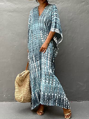 Image of Kaftan Dresses for Women Plus Size Summer Beach Dress with Print and Swim Cover Ups Blue Grey