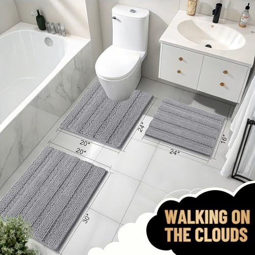 Image of OLANLY Thick Large Bathroom Rugs 47x32, Extra Soft Absorbent Chenille Striped Bath Rugs, Rubber Backing, Machine Wash Dry, Bath Mats for Bathroom Floor, Tub and Shower, Home Decor Accessories, Grey