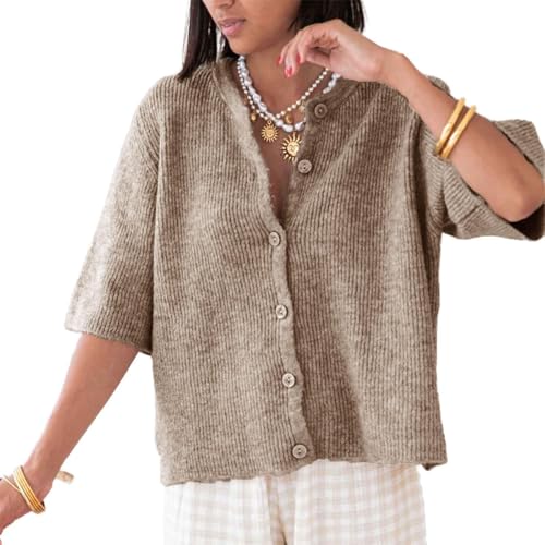 Women's Lightweight Button Up Knit Cardigan Short Sleeve Round Neck Solid Color Y2k Sweater Knitwear Tops