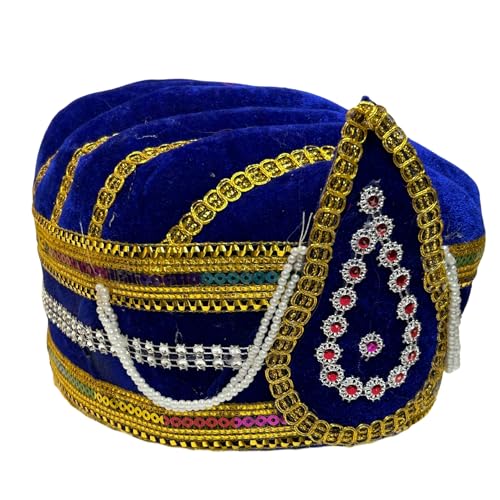 Image of Kaku Fancy Dresses Akbar Mughal King Pagdi Turban Safa Traditional Royal Headgear for Kids | Fancy Dress Costume Accessory for Historical Plays & Cultural Events - Blue