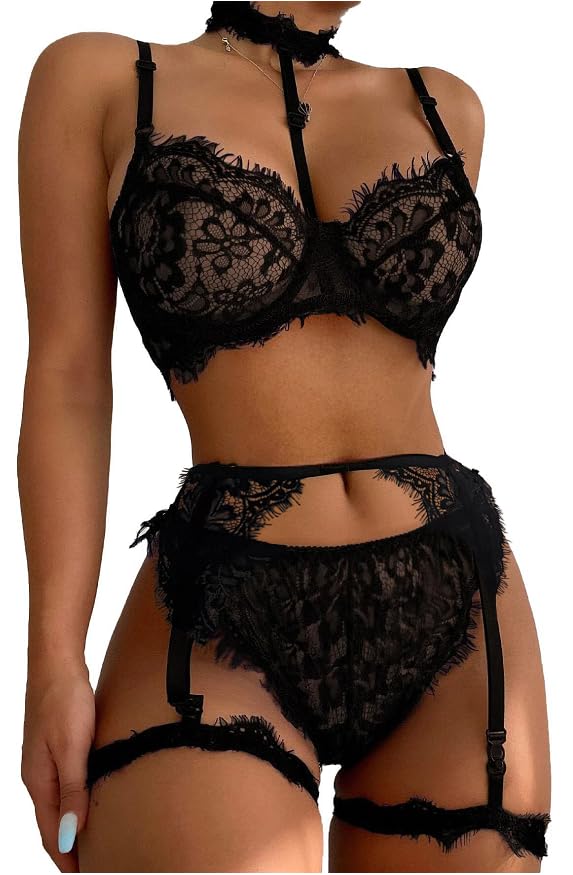 Image of Lilosy Sexy Choker Floral Lace Scallop Sheer Underwire Push Up Garter Belt Lingerie Set 3 Piece for Women See Through Bachelorette Bra and Panty Lace Black X-Large