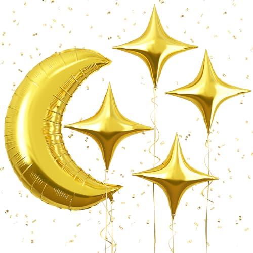 Image of Moon and Star Balloons New Years Balloons 36 Inch Large Metallic Gold Moon Shape Foil Balloon 18 In Star Shaped Balloon for Happy New Year Decorations Ramadan Eid Baby Shower Birthday Party