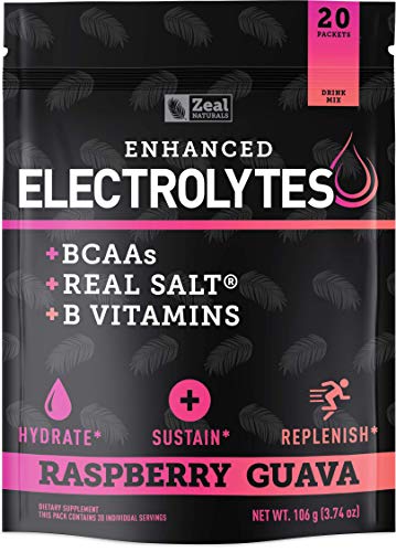 Enhanced Electrolyte Powder (Raspberry Guava - 20 Packets) Sugar Free + BCAA B-Vitamins & Real Salt® - Keto Electrolytes, Hydration Powder w Potassium, Sodium, Zinc, Magnesium Hydration & Recovery