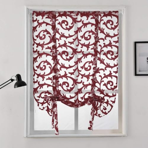 NAPEARL Tie Up Curtains Burgundy Jacquard Balloon Curtains for Kitchen Window, Light Filtering Rod Pocket Sheer Curtain Valance for Bathroom Small Window Holiday Decor, 1 Panel