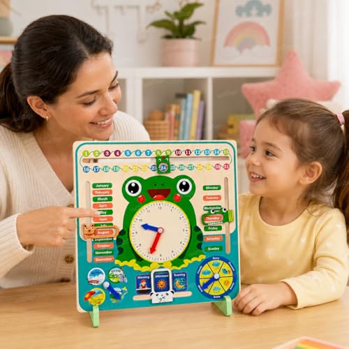 Image of Zest 4 Toyz Wooden Calendar Clock Toy for Kids Learning Calendar Board with Months Days Seasons Weather Shape Recognition Educational Toys for Kids Montessori Preschool Activity Toy for Kids 3+ Years